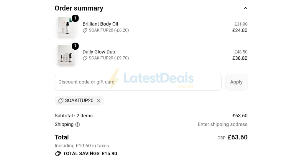 Screenshot of the Kinvara Skincare discount code working