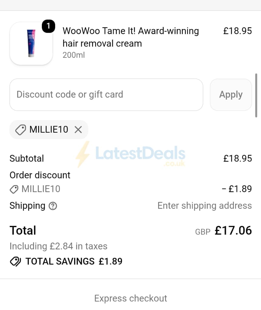 Screenshot of the WooWoo discount code working