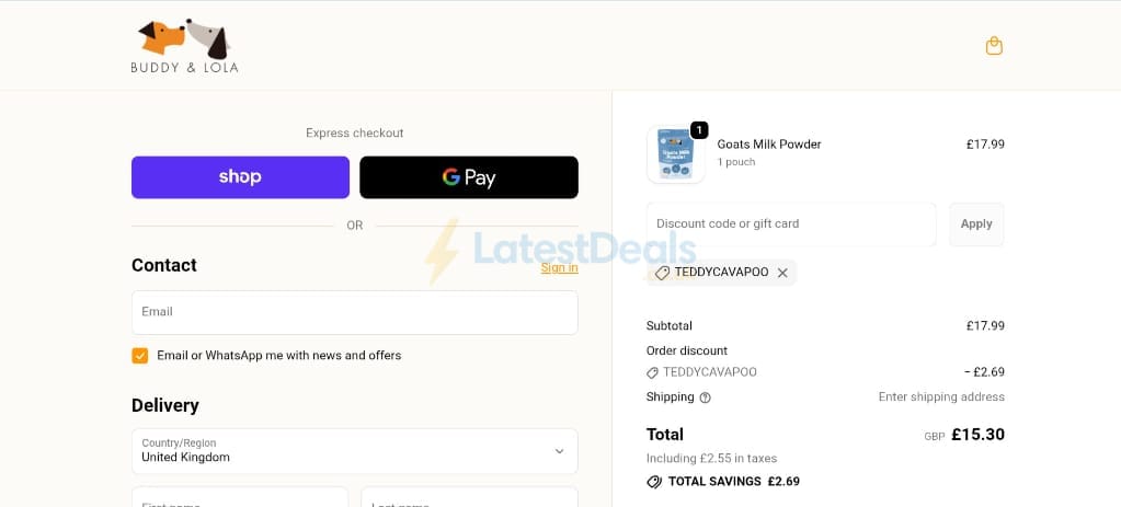 Screenshot of the Buddy & Lola discount code working