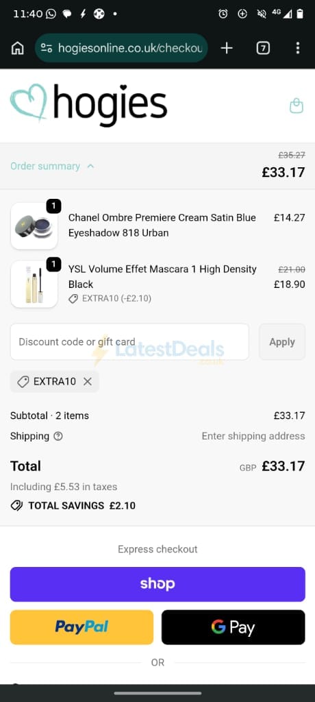 Screenshot of the Hogies Online discount code working