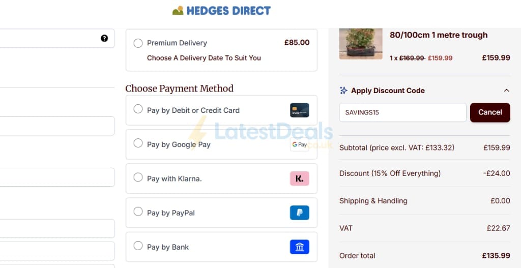 Screenshot of the Hedges Direct discount code working