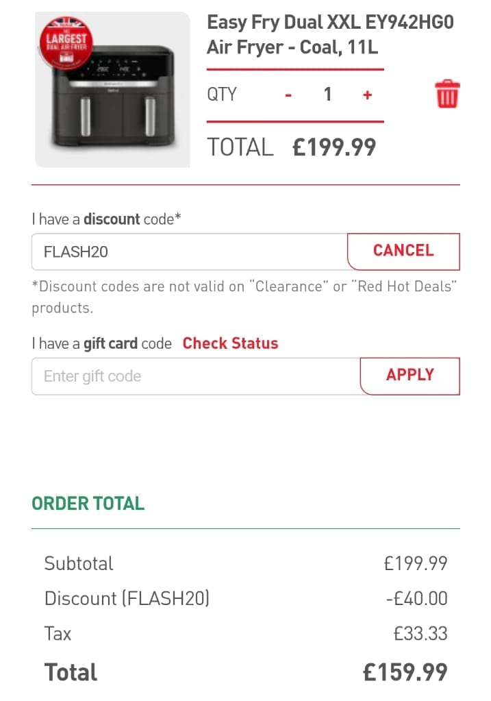 Screenshot of the Tefal discount code working