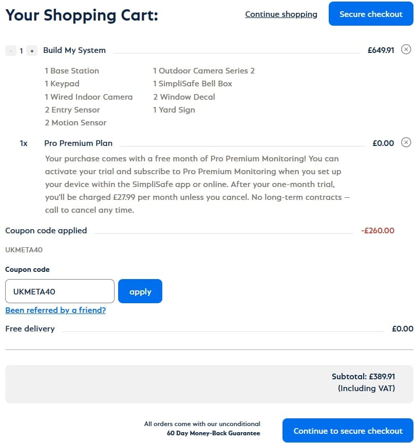 Screenshot of the SimpliSafe discount code working