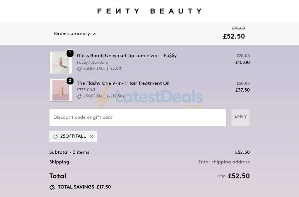 Screenshot of the Fenty Beauty discount code working