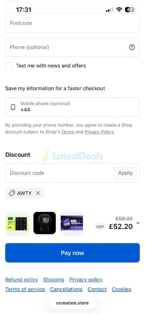 Screenshot of the CCreation Community discount code working