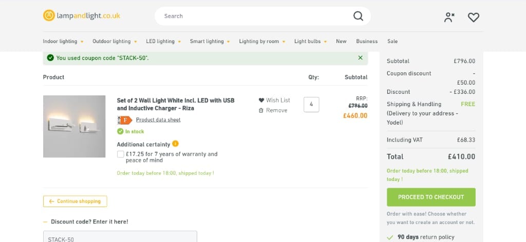 Screenshot of the Lampandlight discount code working