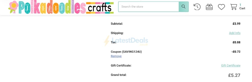 Screenshot of the Polkadoodles Crafts discount code working