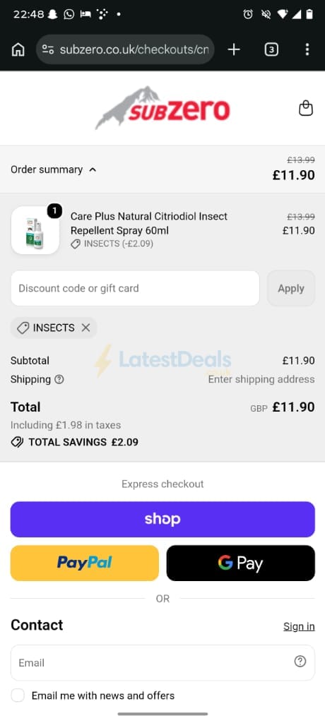 Screenshot of the Subzero discount code working