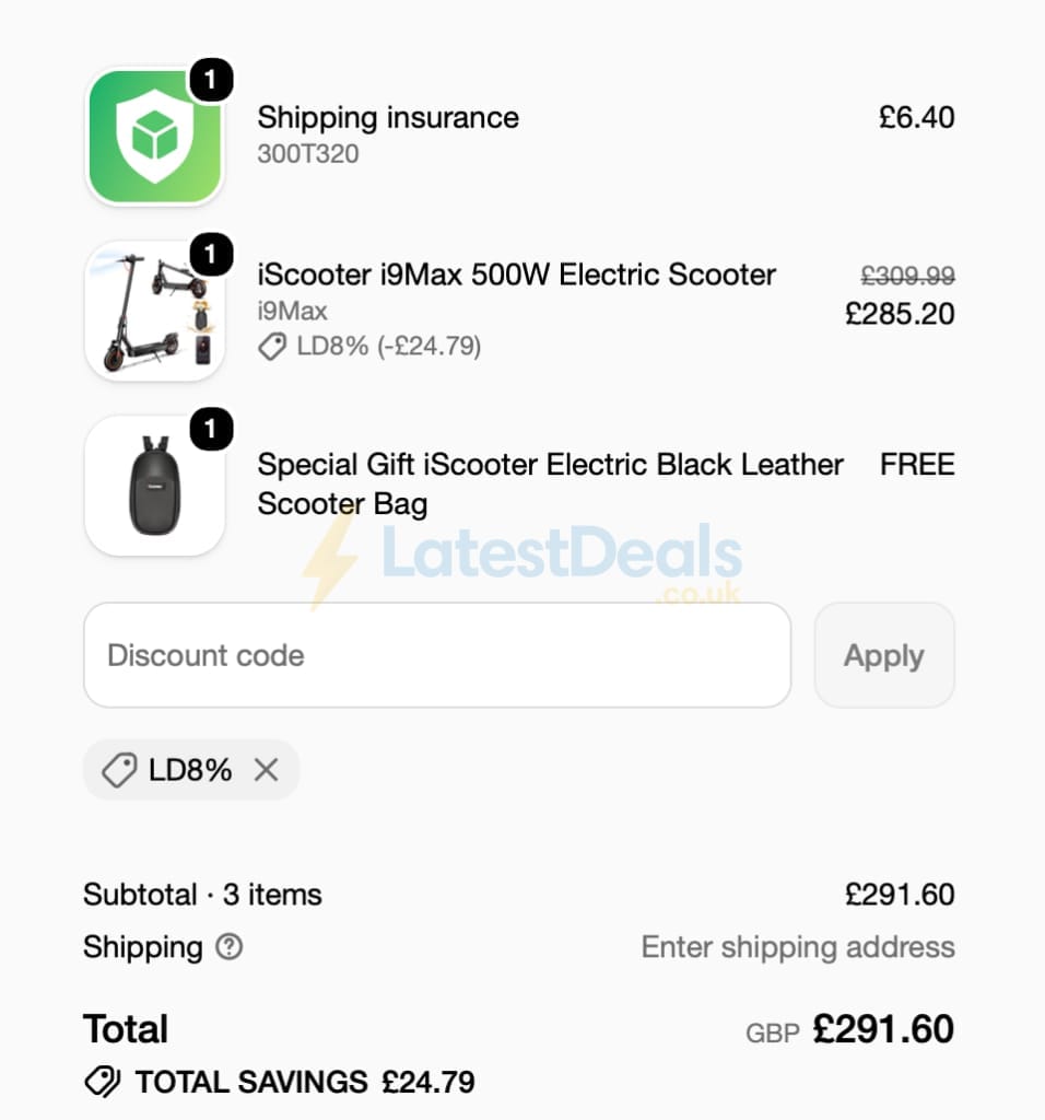 Screenshot of the iScooter discount code working