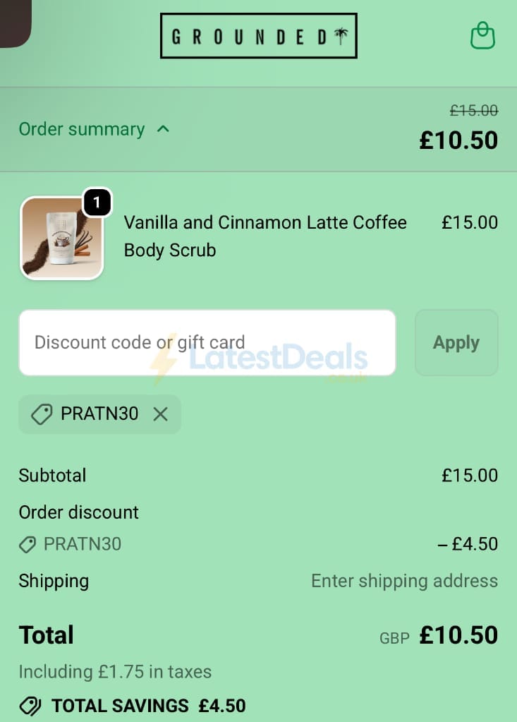 Screenshot of the Grounded Body Scrub discount code working