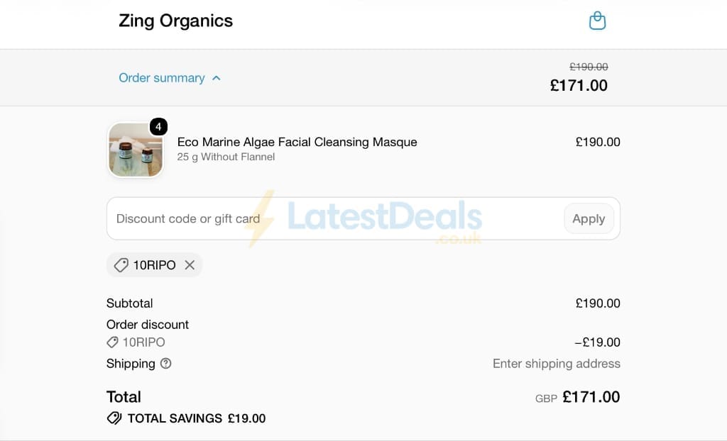 Screenshot of the Zing Organics discount code working