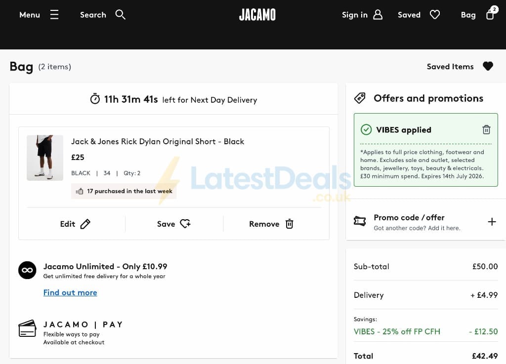 Screenshot of the Jacamo discount code working
