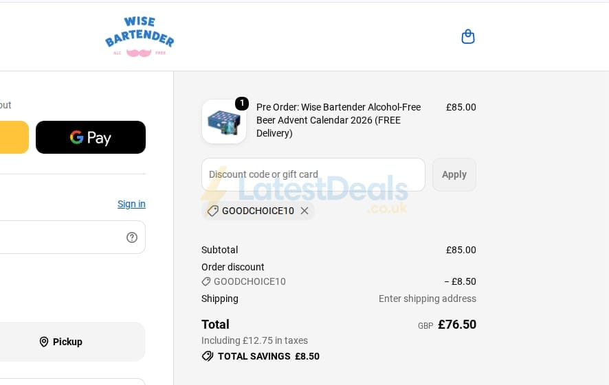 Screenshot of the Wise Bartender discount code working