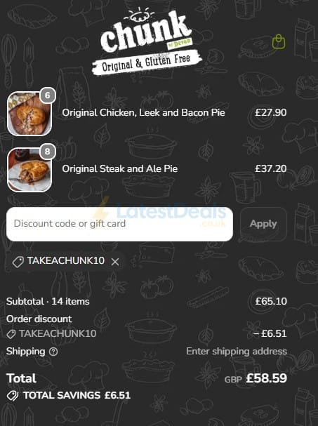 Screenshot of the Chunk Pies & Pasties of Devon discount code working