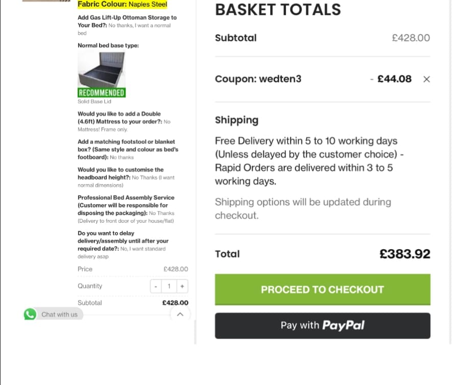 Screenshot of the PSCL Beds discount code working