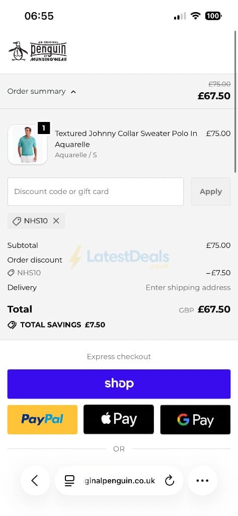 Screenshot of the Original Penguin discount code working
