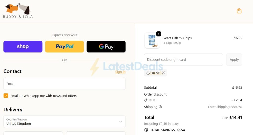 Screenshot of the Buddy & Lola discount code working