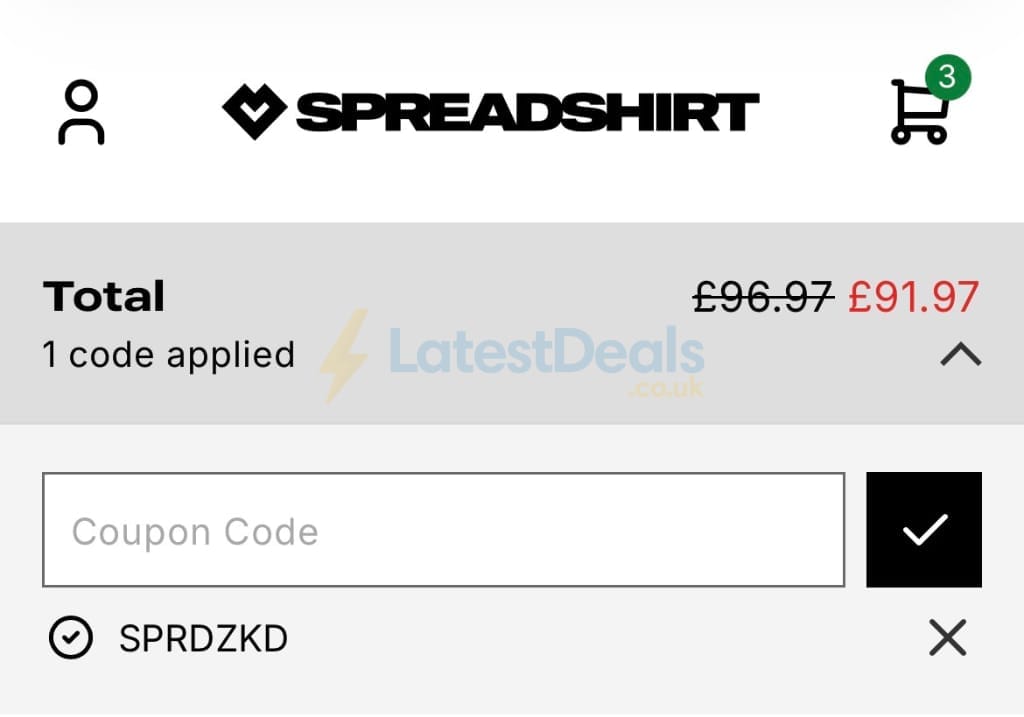 Screenshot of the Spreadshirt discount code working