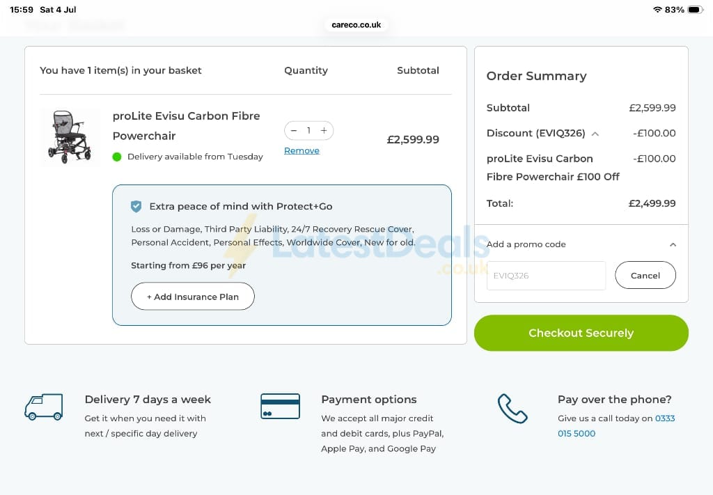 Screenshot of the CareCo discount code working