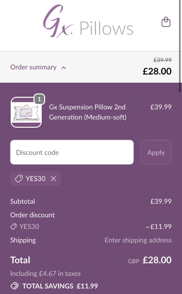 Screenshot of the Gx Pillows discount code working