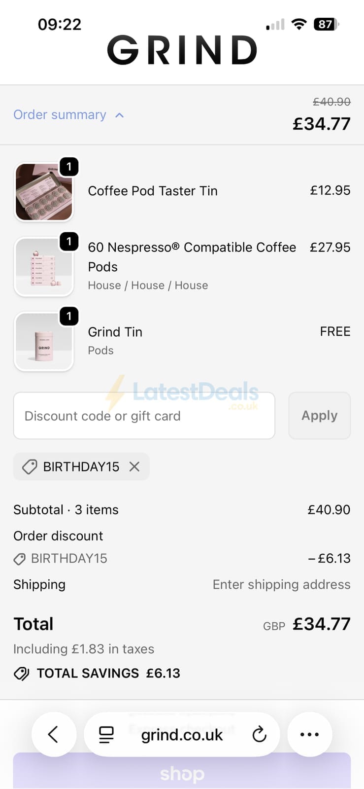 Screenshot of the Grind discount code working