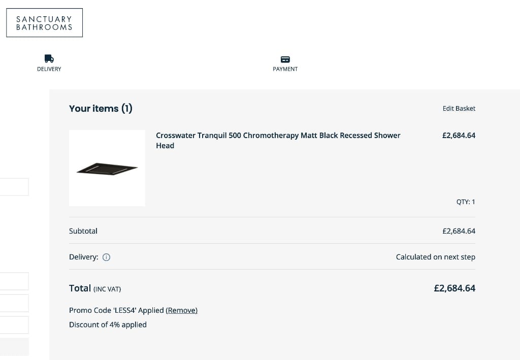 Screenshot of the Sanctuary Bathrooms discount code working