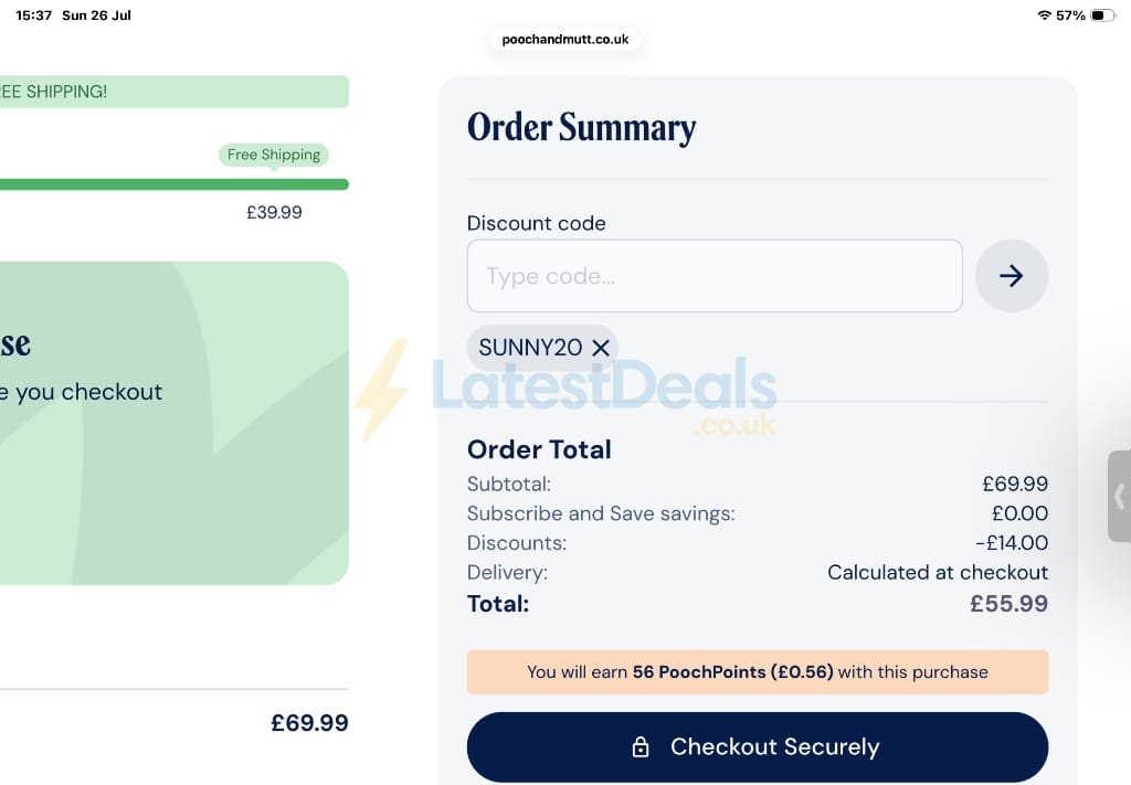 Screenshot of the Pooch & Mutt discount code working