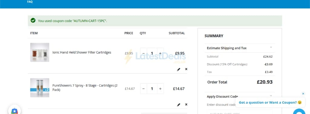 Screenshot of the PureShowers.co.uk discount code working