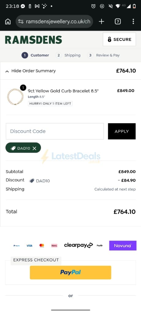 Screenshot of the Ramsdens discount code working