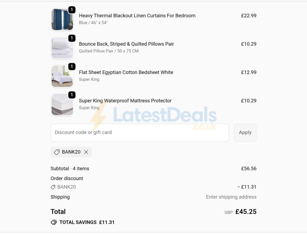 Screenshot of the Yorkshire Bedding discount code working