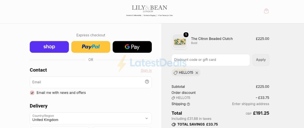 Screenshot of the Lily and Bean discount code working