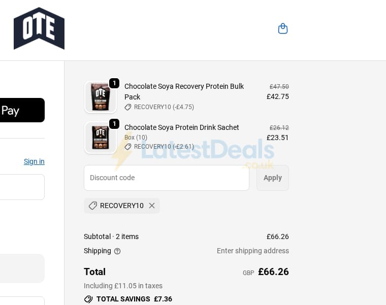 Screenshot of the OTE Sports discount code working