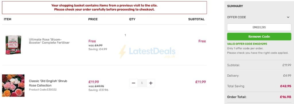 Screenshot of the Gardening Direct discount code working