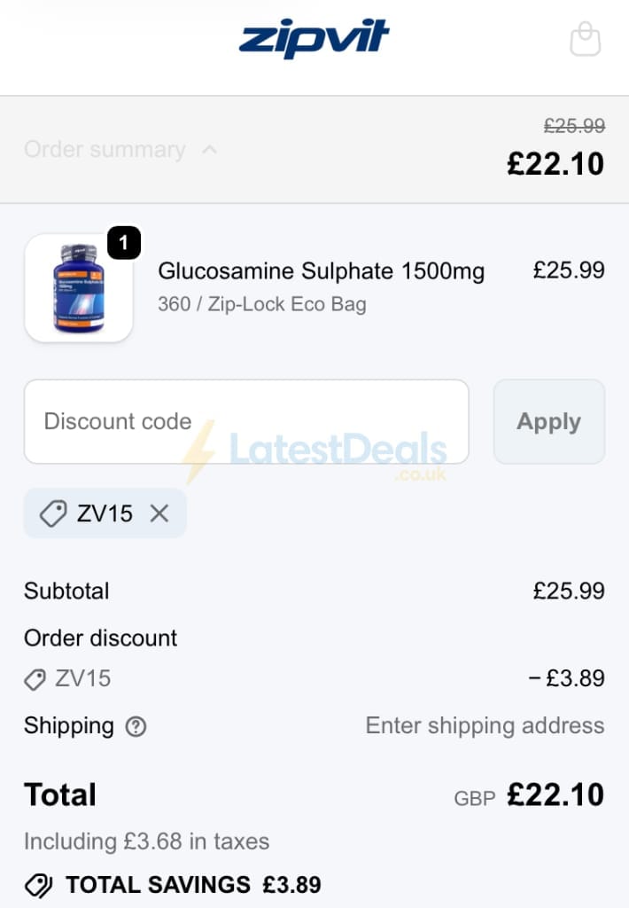 Screenshot of the ZipVit discount code working