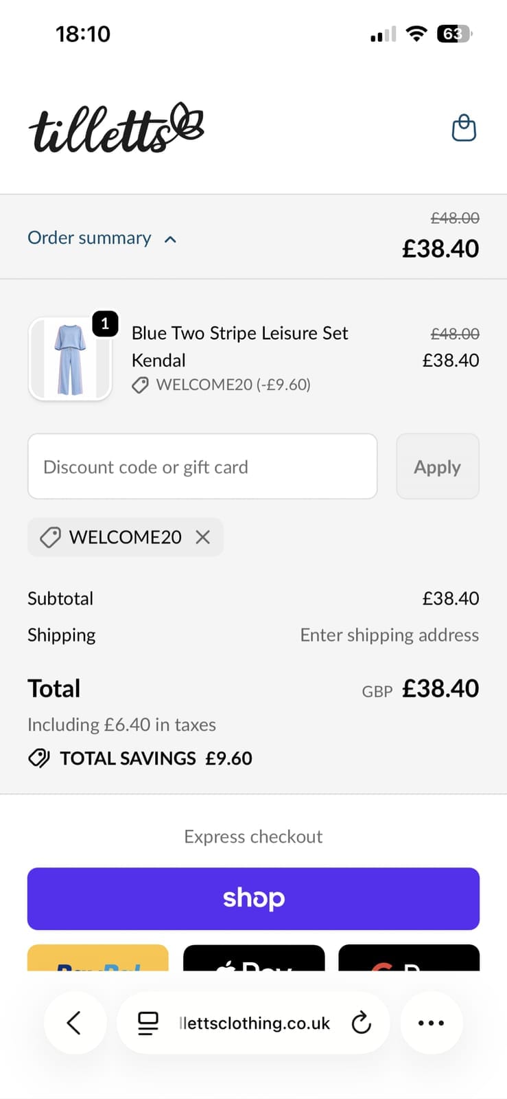 Screenshot of the Tilletts discount code working