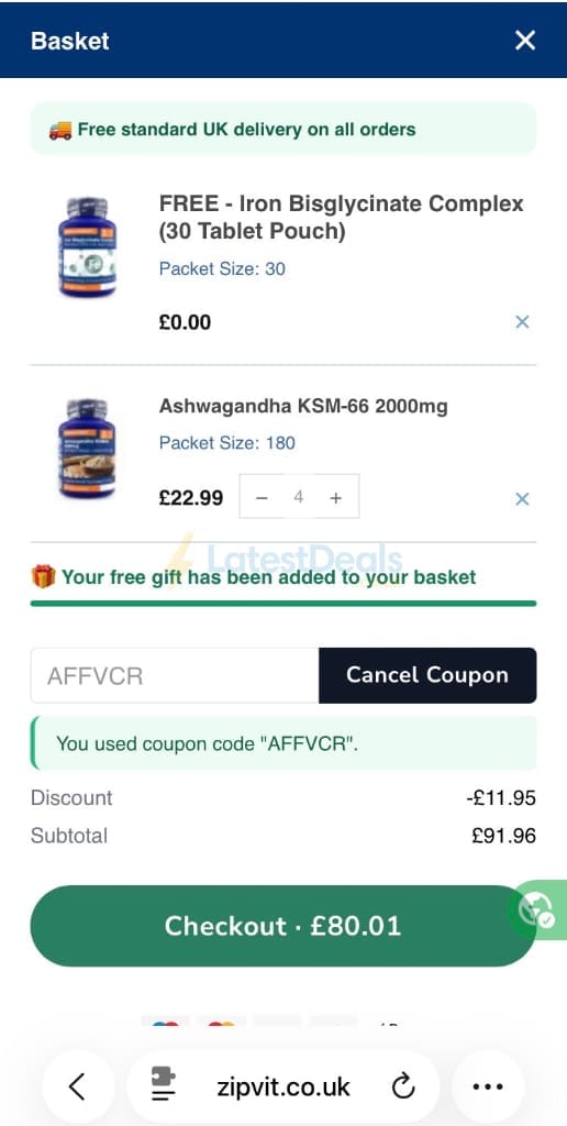 Screenshot of the ZipVit discount code working