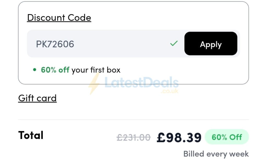 Screenshot of the Prep Kitchen discount code working