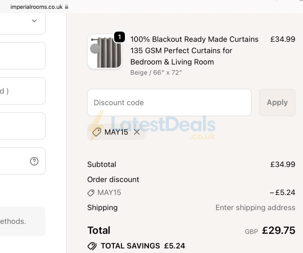 Screenshot of the Imperial Rooms discount code working