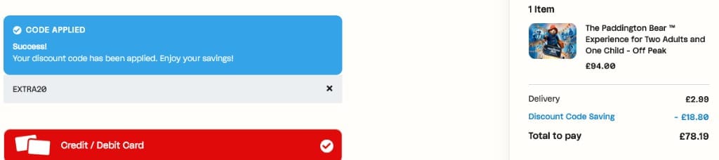 Screenshot of the Virgin Experience Days discount code working