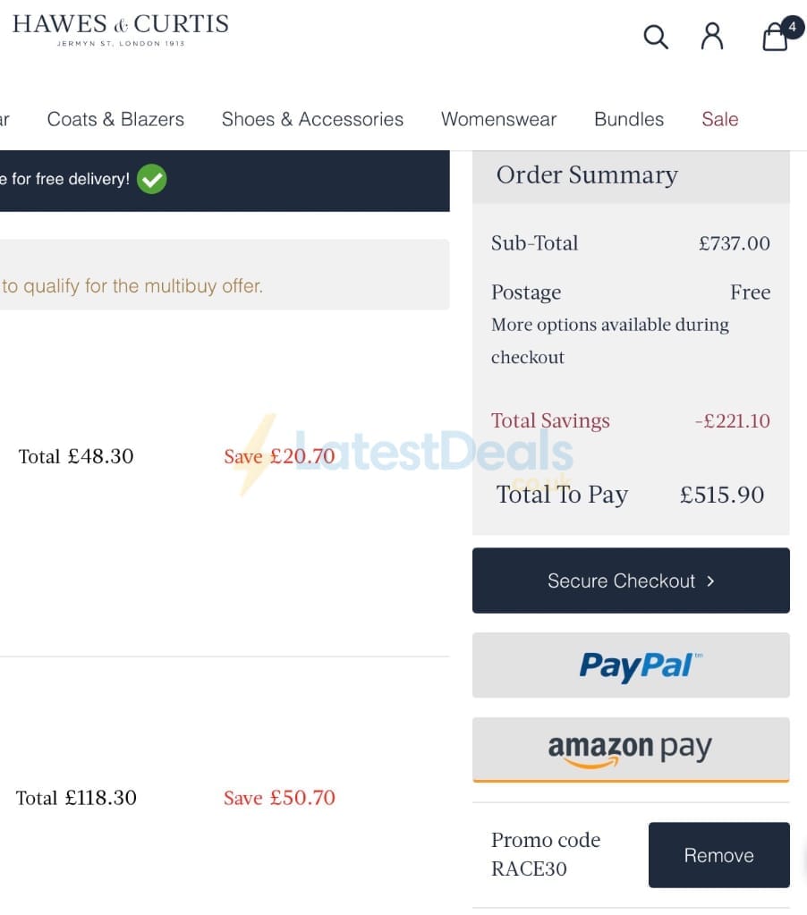 Screenshot of the Hawes & Curtis discount code working