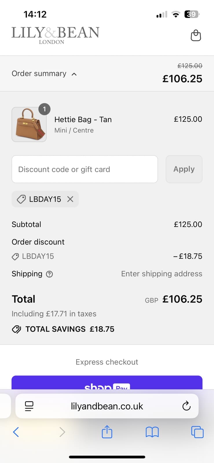 Screenshot of the Lily and Bean discount code working