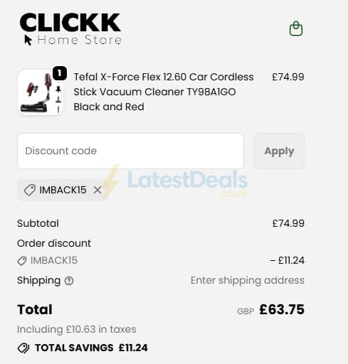 Screenshot of the CLICKK Home Store discount code working