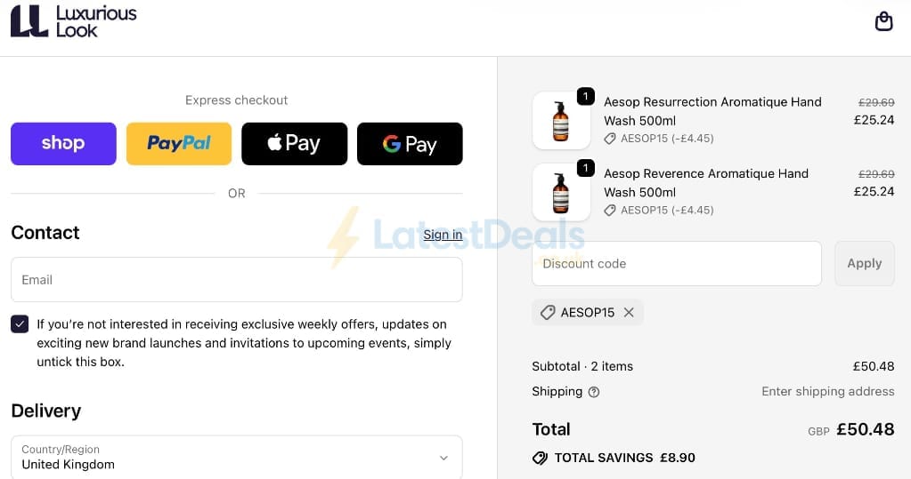 Screenshot of the LuxuriousLook discount code working