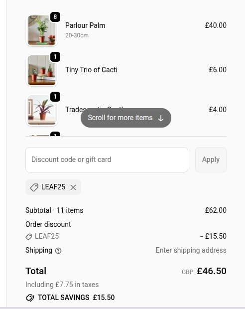 Screenshot of the Leaf Envy discount code working