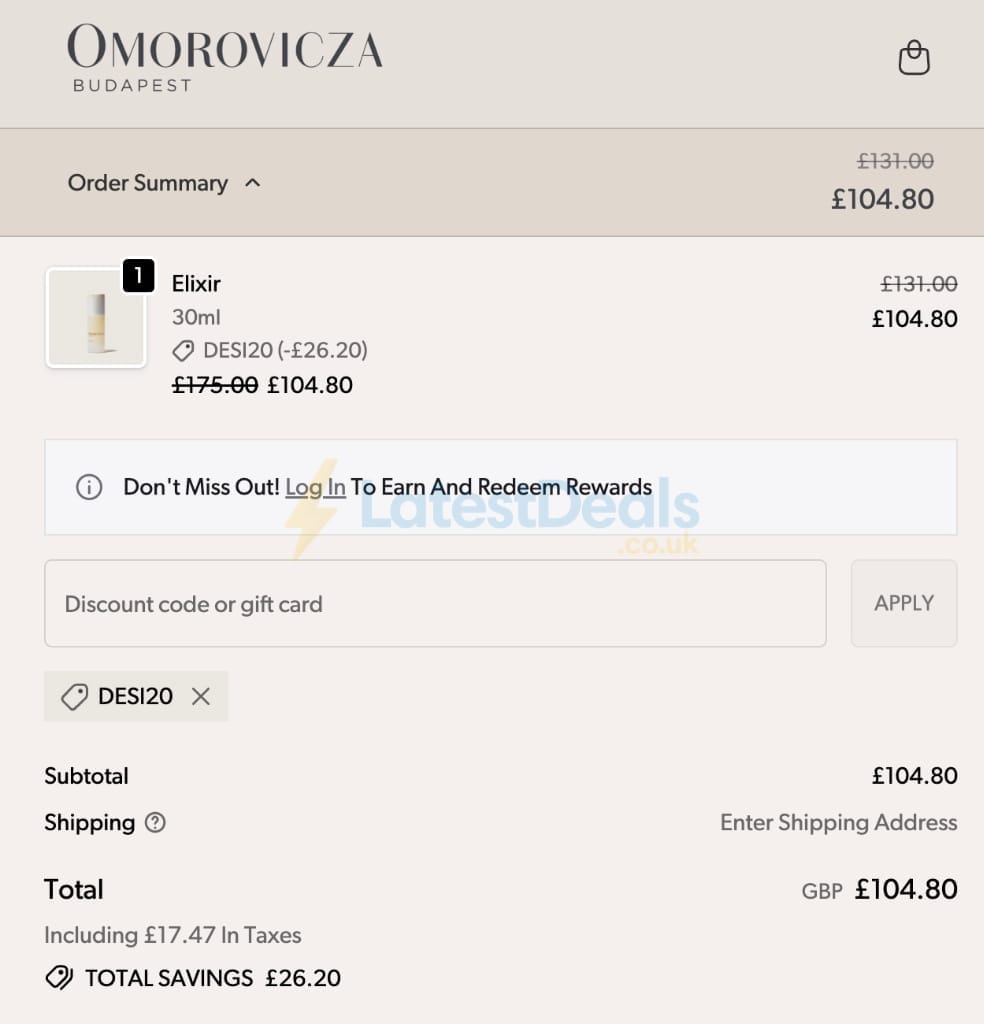 Screenshot of the Omorovicza discount code working