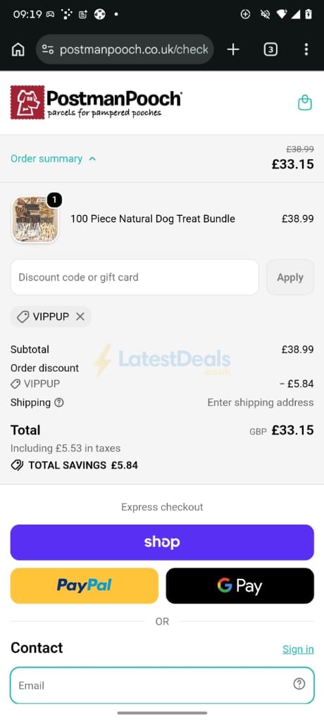 Screenshot of the Postman Pooch discount code working