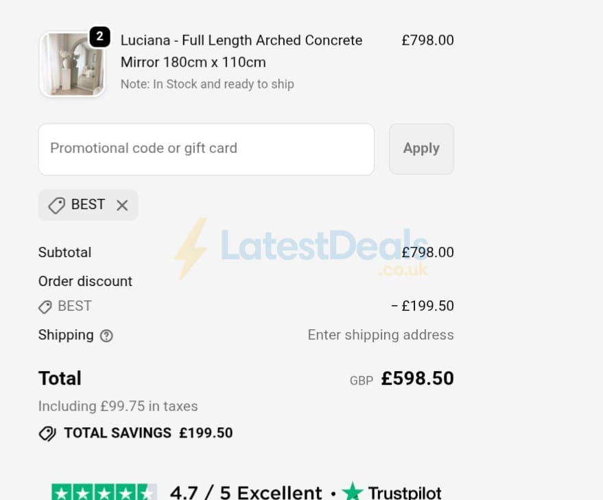 Screenshot of the William Wood Mirrors discount code working