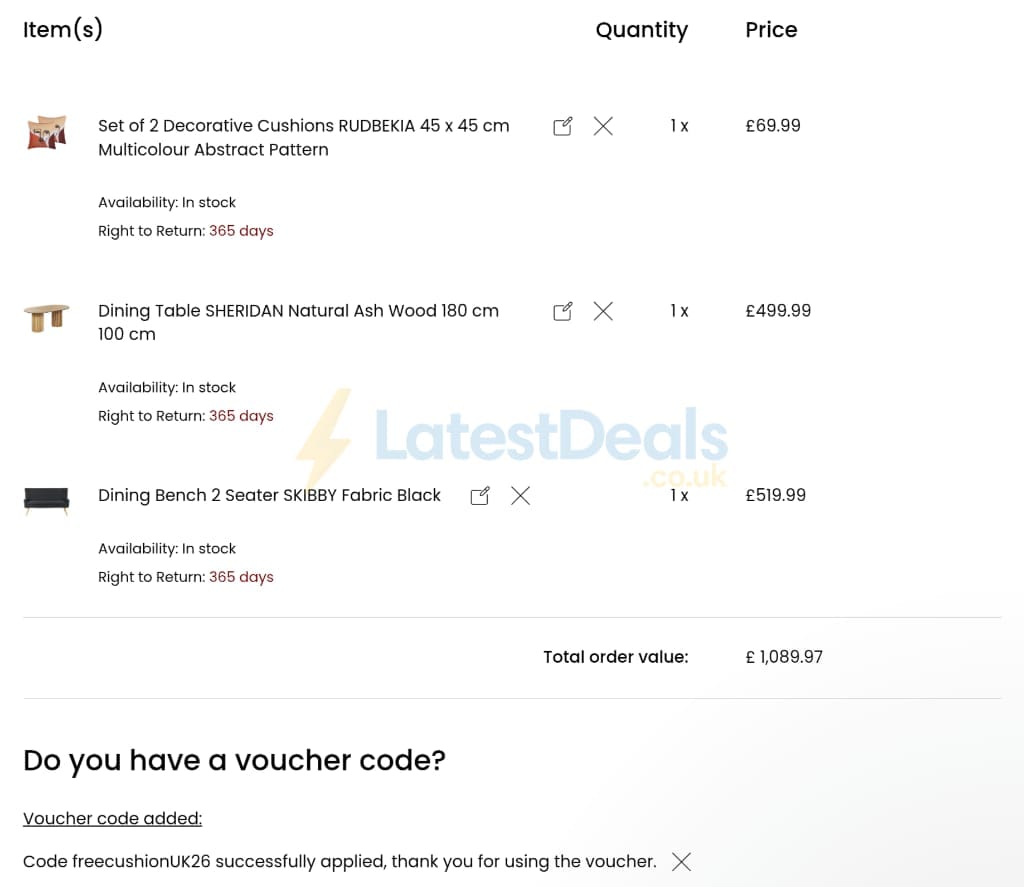 Screenshot of the Beliani discount code working