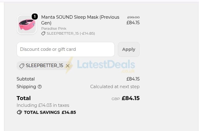 Screenshot of the Manta Sleep discount code working