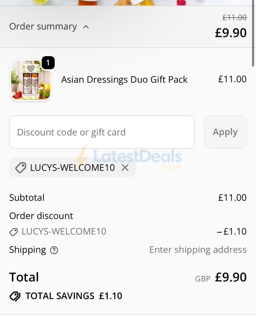 Screenshot of the Lucy's Dressings discount code working